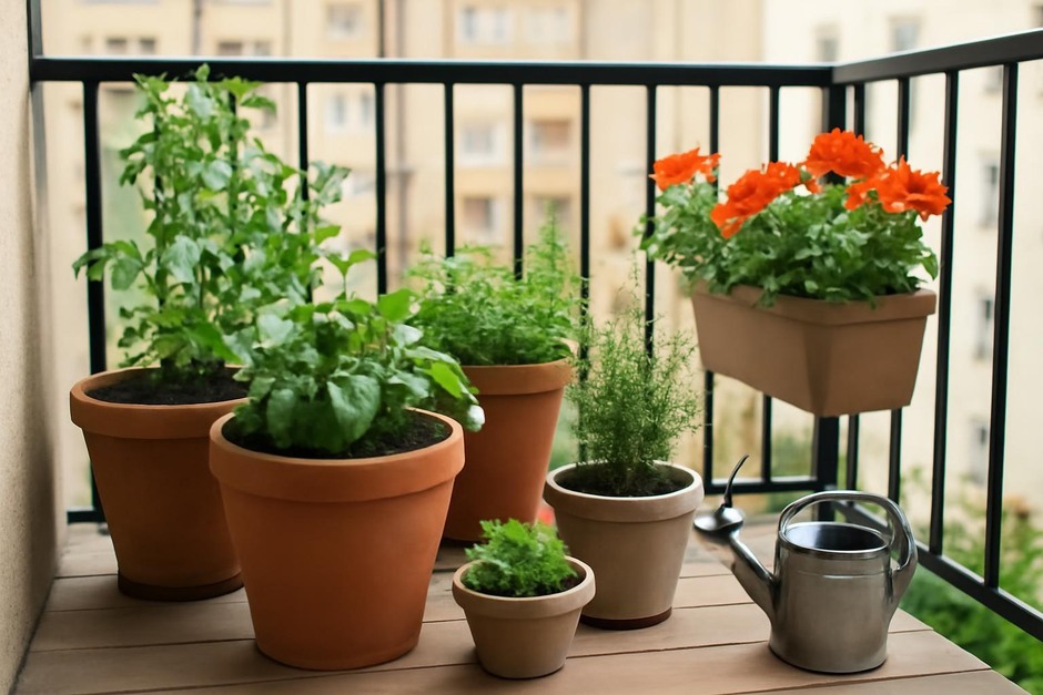 A small balcony with various potted plants in different containers