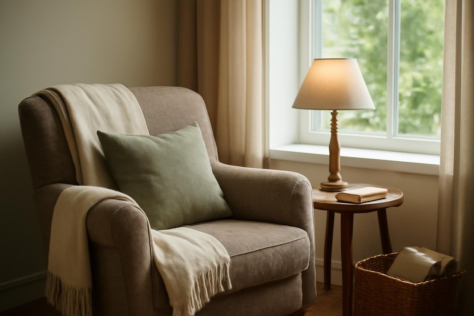 A comfortable armchair by a window with a small side table and a lamp