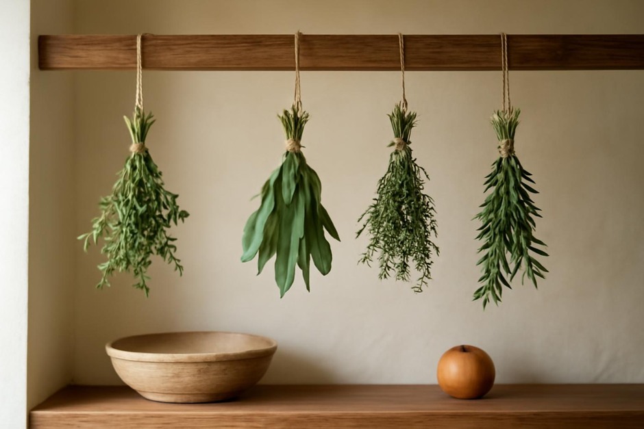 Bundles of drying herbs hanging from a wooden beam