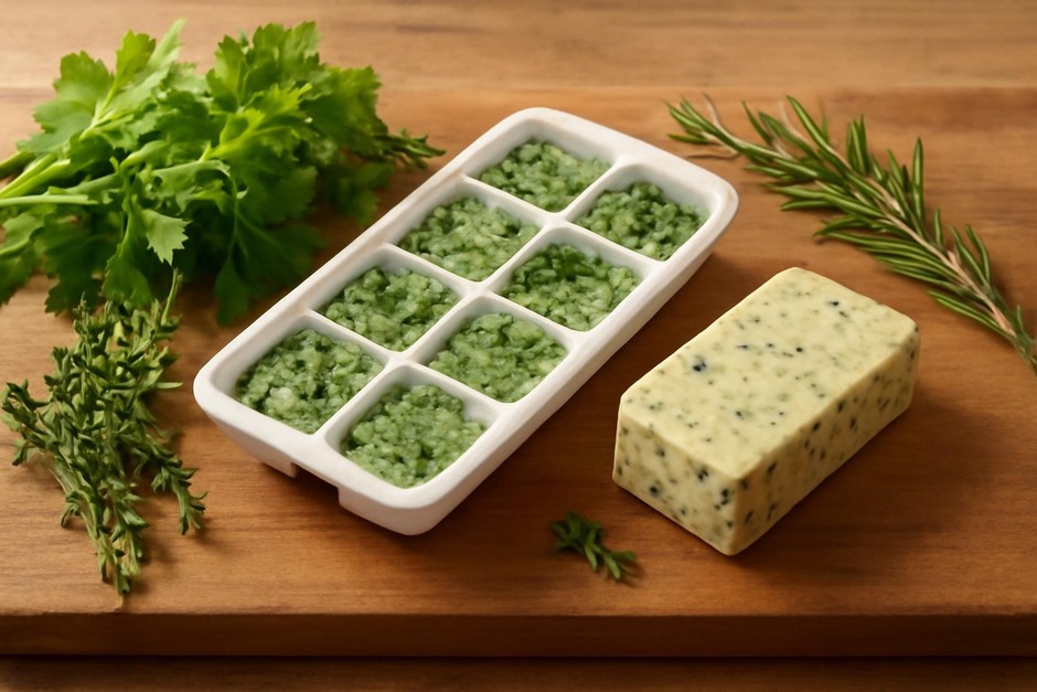 Fresh herbs on a wooden board with ice cube tray and butter