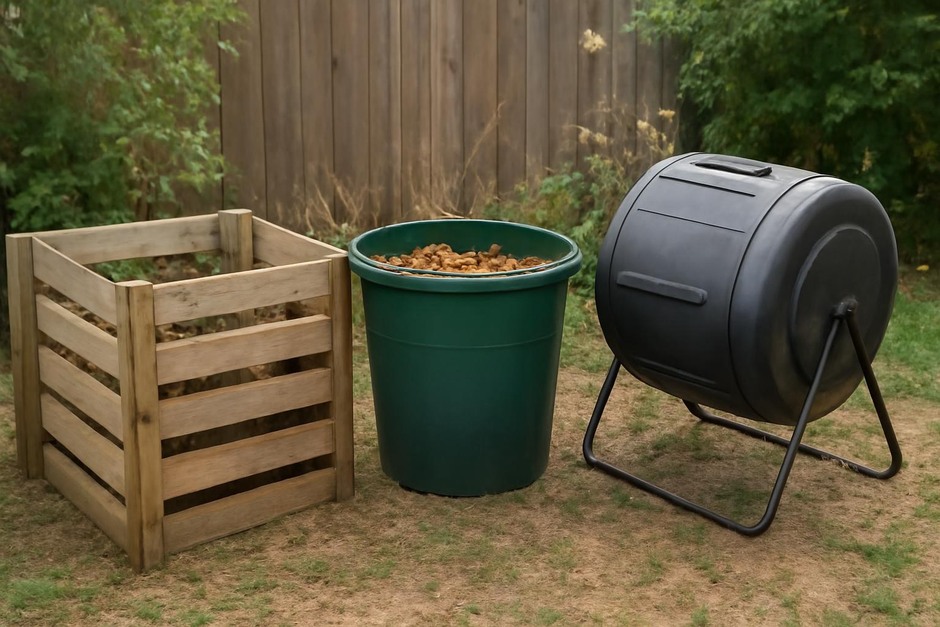 Three backyard compost systems: wooden bin, plastic tub, and tumbling barrel